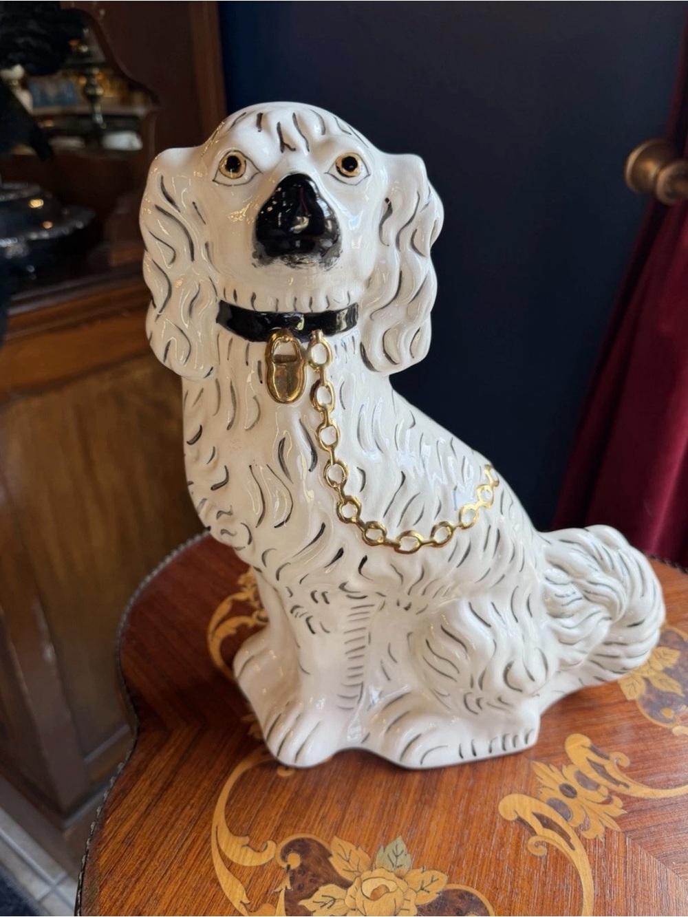 Staffordshire Spaniel Dog Gold Chain Collar White Ceramic Vintage 12”